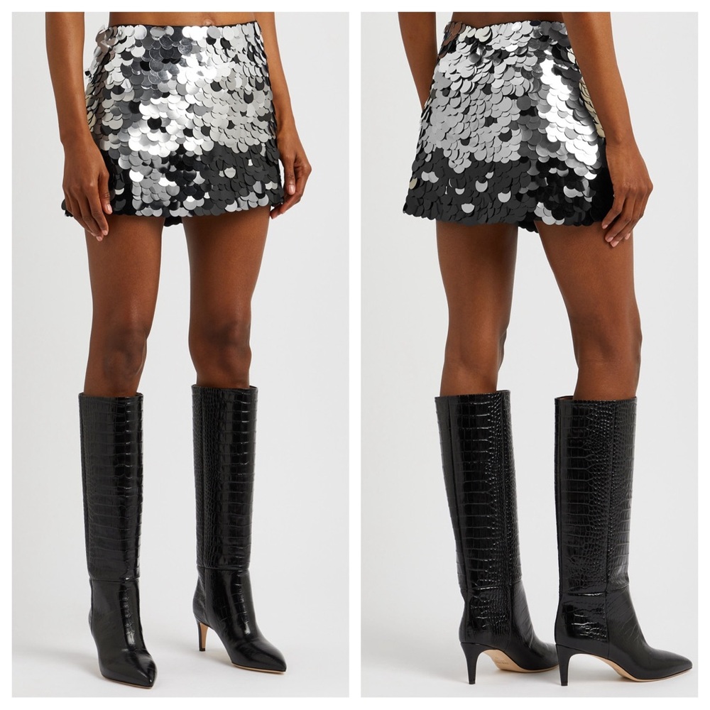 Alice + Olivia Rubi Embellished Micro Skirt 8 Sequin Paillette Silver Black - Picture 3 of 16